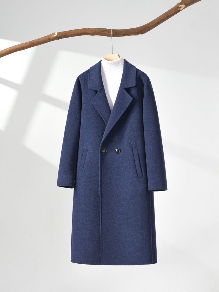 Luxury Double-Faced Cashmere Overcoat For Men – Knee-Length Wool Blend, Double-Breasted & Slim-Fit Windproof Design (Black/Storm Blue/Mocha Brown)_viptrois.com