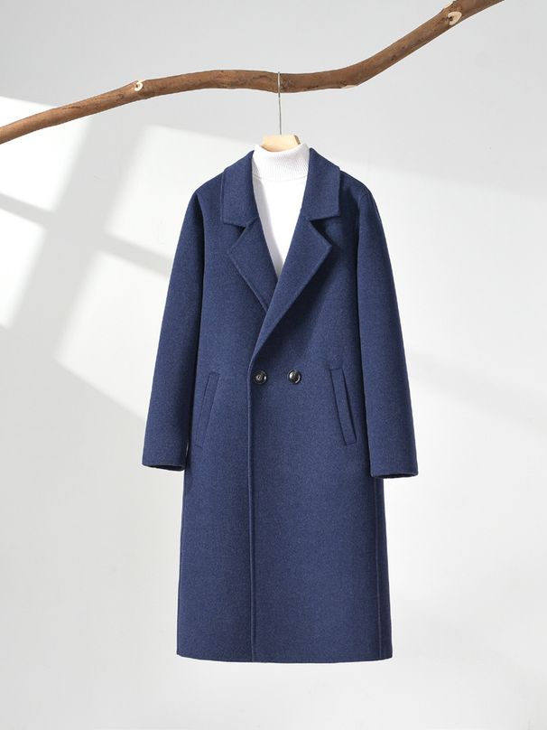 Luxury Double-Faced Cashmere Overcoat For Men – Knee-Length Wool Blend, Double-Breasted & Slim-Fit Windproof Design (Black/Storm Blue/Mocha Brown)_viptrois.com