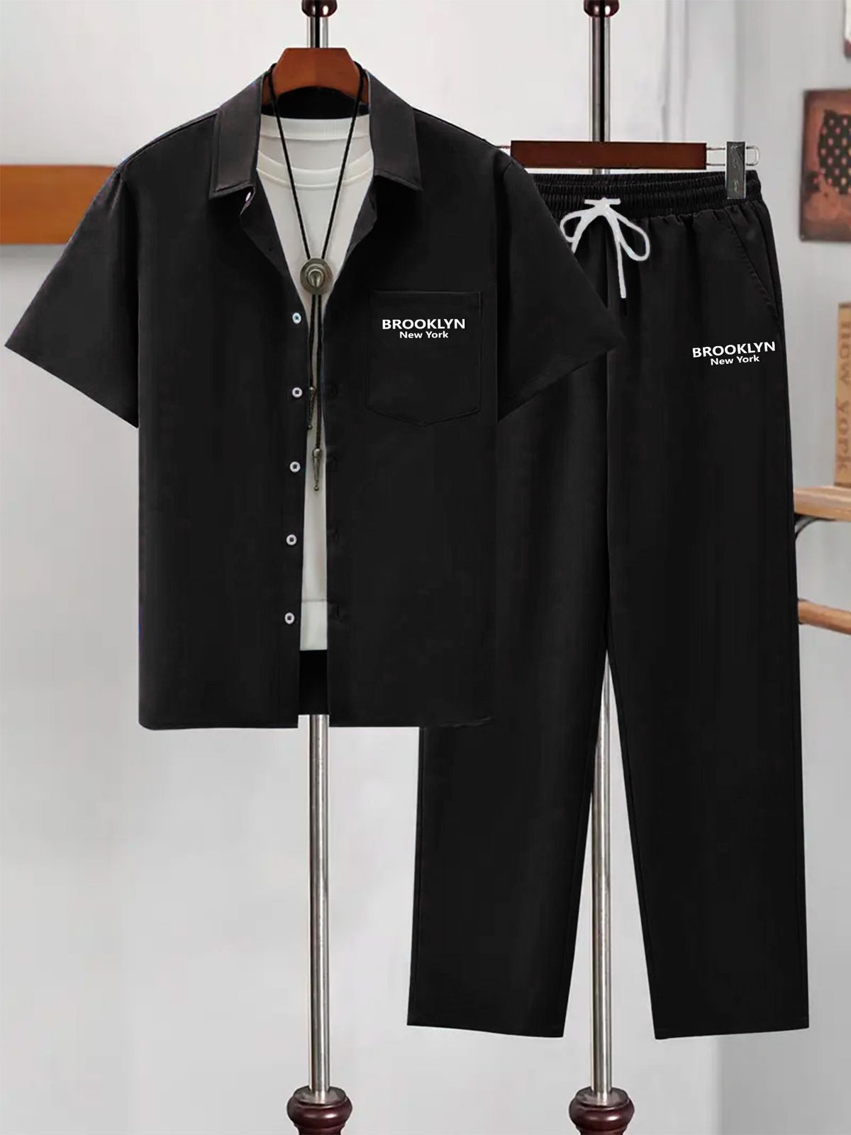 Men's Short Sleeve Shirt And Pants Set, Solid Color With Minimalist Letter Print, Comfortable Casual Outfit_viptrois.com