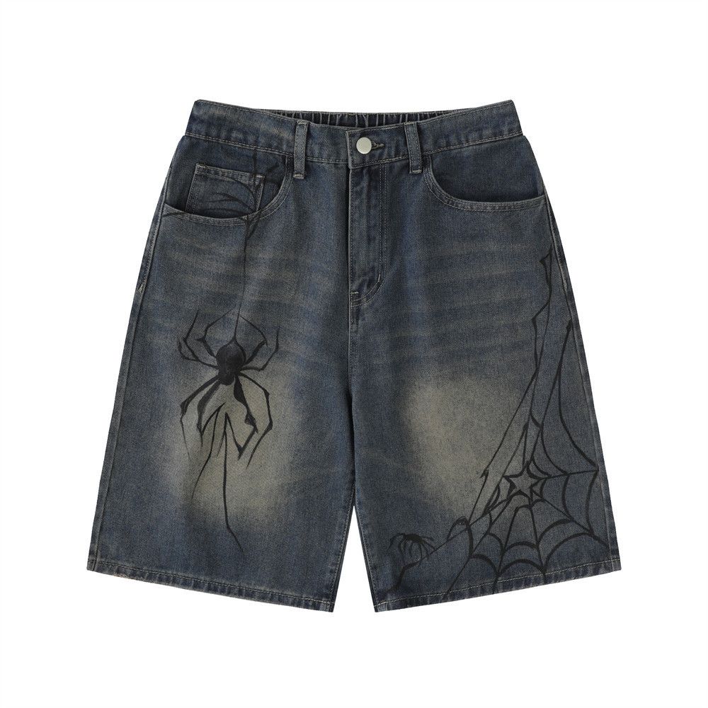 Man's clothing Personality fashion spider print denim shorts men's loose casual wash wash white five quarter pants vintage_viptrois.com
