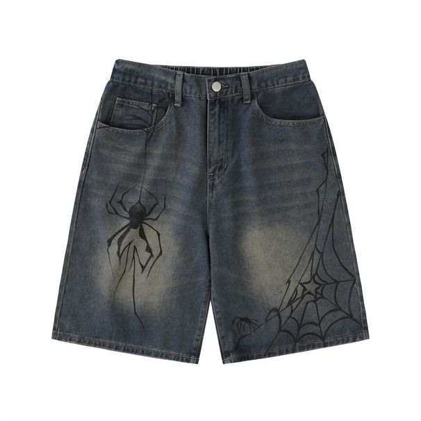 Man's clothing Personality fashion spider print denim shorts men's loose casual wash wash white five quarter pants vintage_viptrois.com