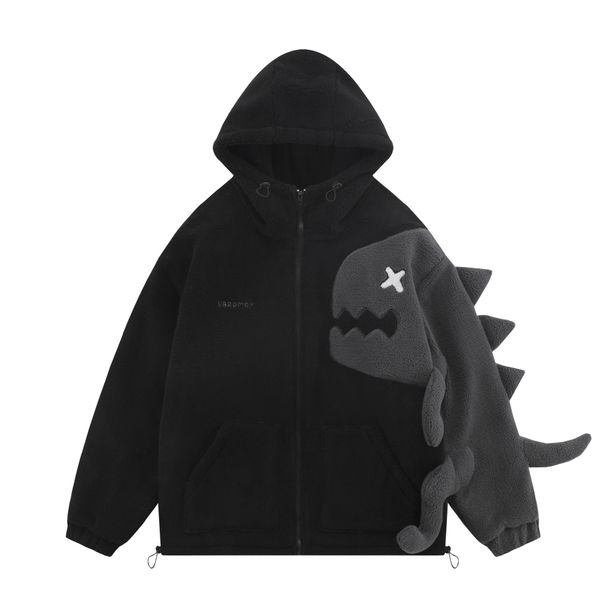 Men's Clothing retro dinosaur lamb wool patchwork hooded cotton coat _viptrois.com