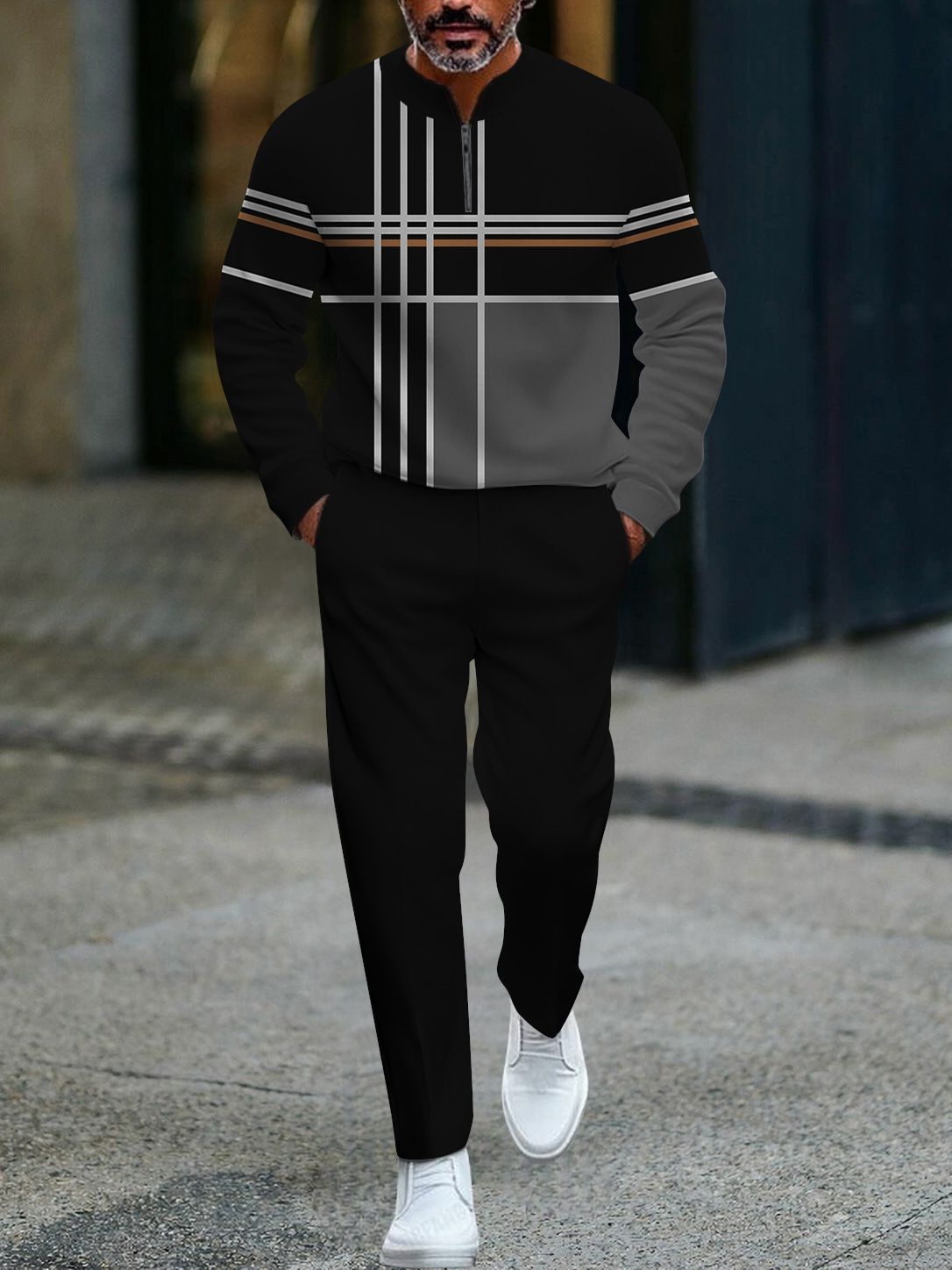 European And American Men's Hoodie Two-piece Set 3D Digital Half Zipper Casual Versatile Sportswear Autumn And Winter Set_viptrois.com