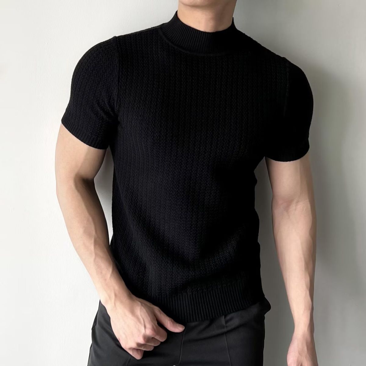 Men's Slim Fit High Collar T-Shirt Small Knitted Sweater With Elastic Short Sleeves Thin Breathable Bottoming Shirt_viptrois.com