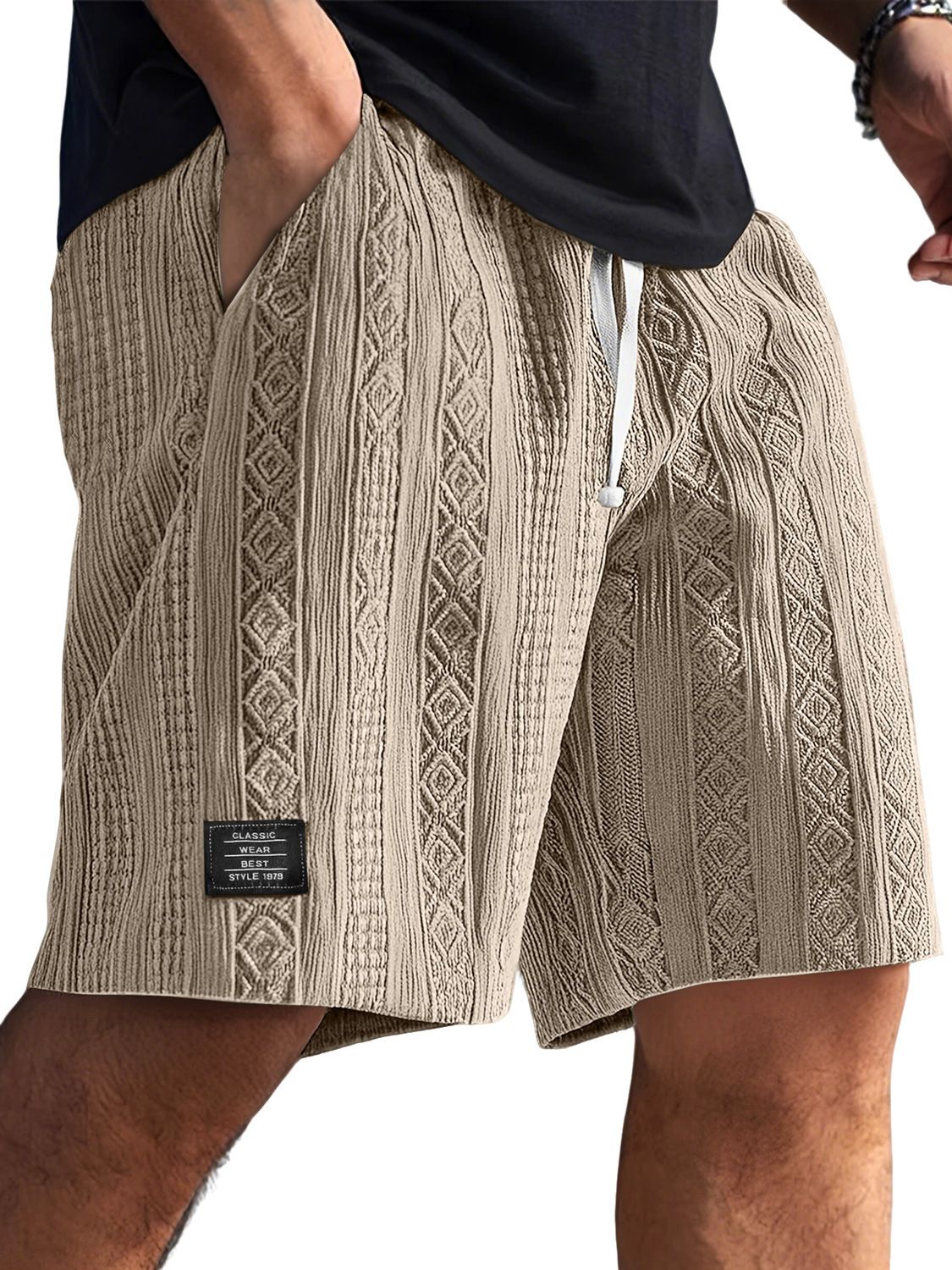 Men's Textured Logo Casual Shorts – Lightweight Polyester, Breathable & Stylish For Summer (S-4xl, 9 Colors, Retro Design, Stretch Comfort)_viptrois.com