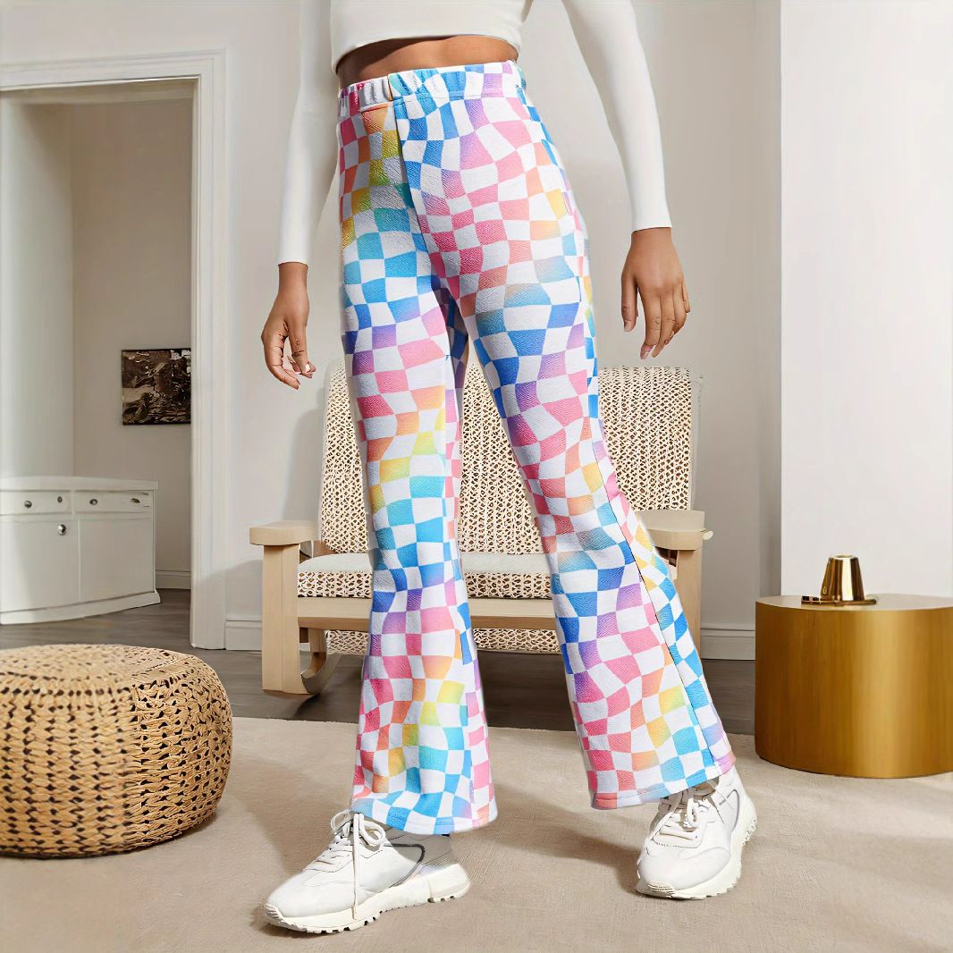 Mother & Kids INS Girls Spring And Autumn Flared Rainbow Stripe Print Knitted Street Style Flared Pants Without Pockets_viptrois.com