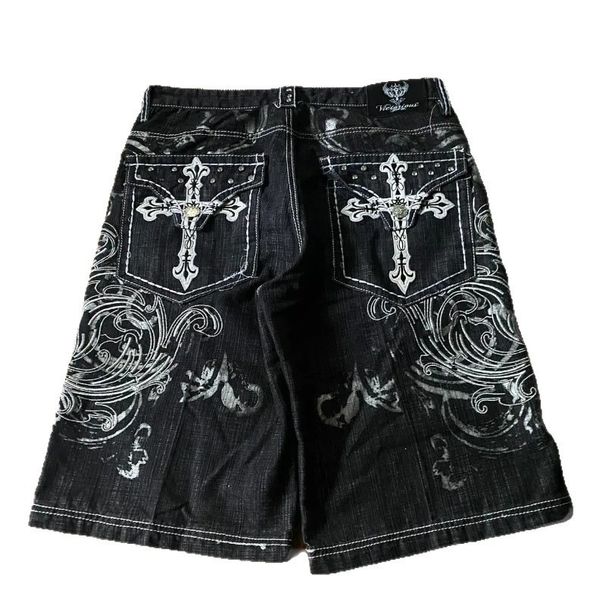 Heavy Embroidery Rhinestone Denim Shorts Trendy Harajuku Style For Men And Women Dark Color Style_viptrois.com