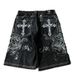 Heavy Embroidery Rhinestone Denim Shorts Trendy Harajuku Style For Men And Women Dark Color Style_viptrois.com