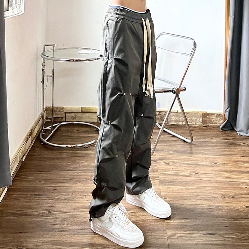 Loom European And American High Street Trend Brand Rivet Straight Pleated Cargo Men Drawstring Vibe Style Hip Hop Cool Loose_viptrois.com