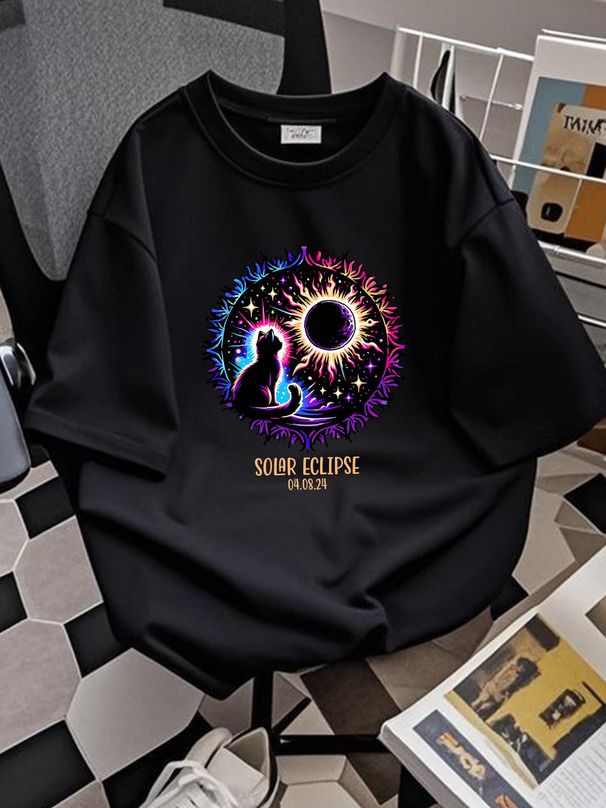 View Totality April 8 2024 Astronomy Cat Lover Solar Eclipse T-Shirt Designer Clothes Homme Graphic Top For Everyday Wear Slightly Stylish Fashion_viptrois.com