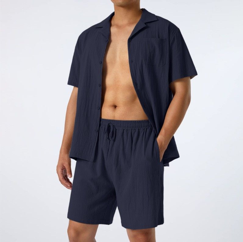 Summer Sports Short Sleeve Shorts Cotton Linen Loose Casual Men's Shirt Set_viptrois.com