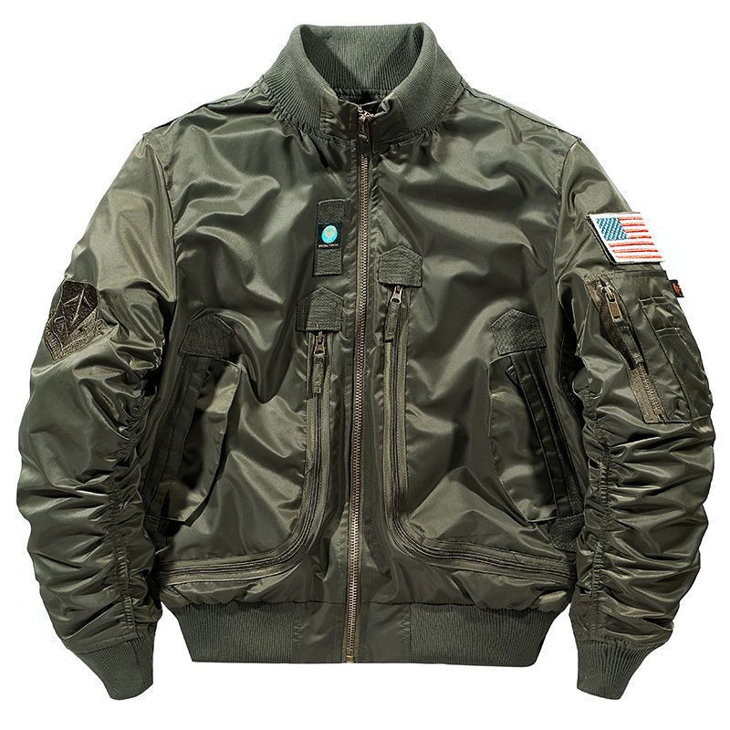 Men's Flight Jacket - Oversized Tactical Bomber Jacket With Stand Collar Embroidered Baseball Style Waterproof & Windproof (Khaki, Black, Army Green)_viptrois.com