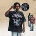 American-style Distressed Washed Pure Cotton Loose Casual X-ray Finger Print Men's Short-sleeve T-shirt_viptrois.com