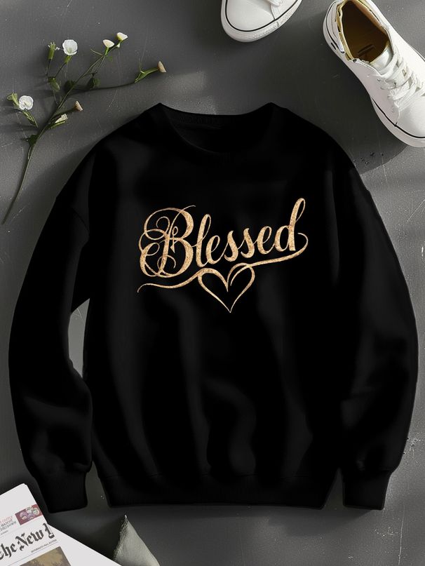 Heart Blessed Print Pullover Sweatshirt, Casual Long Sleeve Crew Neck Sweatshirt For Spring & Fall, Women's Clothing_viptrois.com