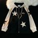 American Retro Corduroy Zipper Sweater Women's Y2k Star Splicing Casual Jacket Loose Versatile Top_viptrois.com