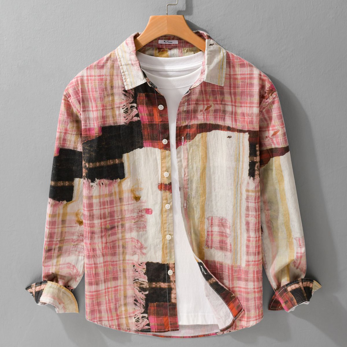 Trendy Brand Spliced Printed Long Sleeved Shirt For Men, Fashionable And Versatile, Youth Casual Loose Shirt_viptrois.com