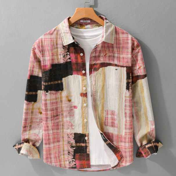 Trendy Brand Spliced Printed Long Sleeved Shirt For Men, Fashionable And Versatile, Youth Casual Loose Shirt_viptrois.com