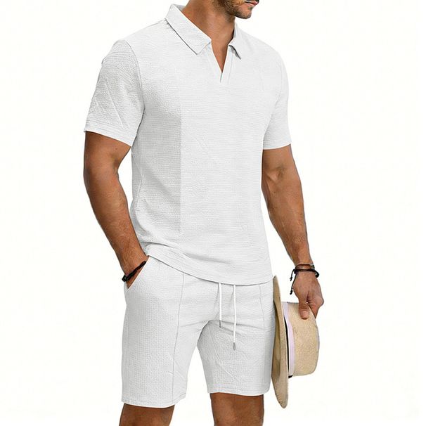 Men's Summer Polo Shirt And Shorts Set Loose Fit Waffle Knit Seagull Collar Short Sleeve Casual Style_viptrois.com