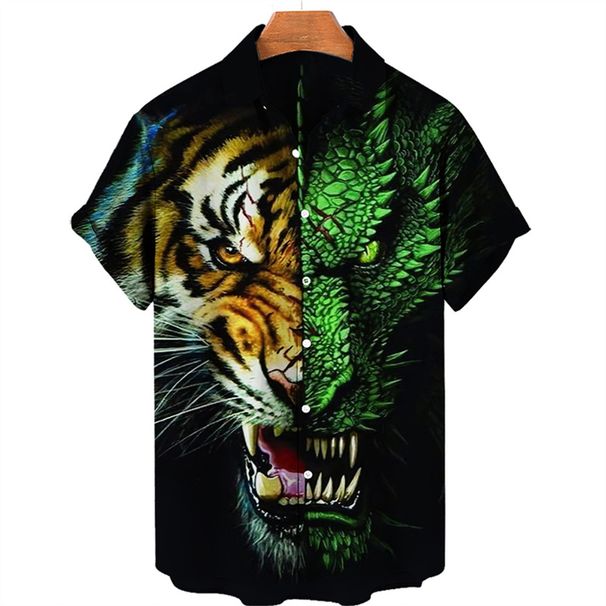 Camisa Hawaiana Para Hombre, Estampado 3D De Tigre, Manga Corta, Cuello Abotonado, Poliéster, Casual Para Playa Y Calle_viptrois.com