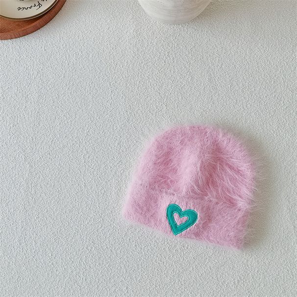 Kids' caps Girls mink Velvet Love embroidered pullover hat Candy color rolled edge soft warm skin Autumn and winter_viptrois.com