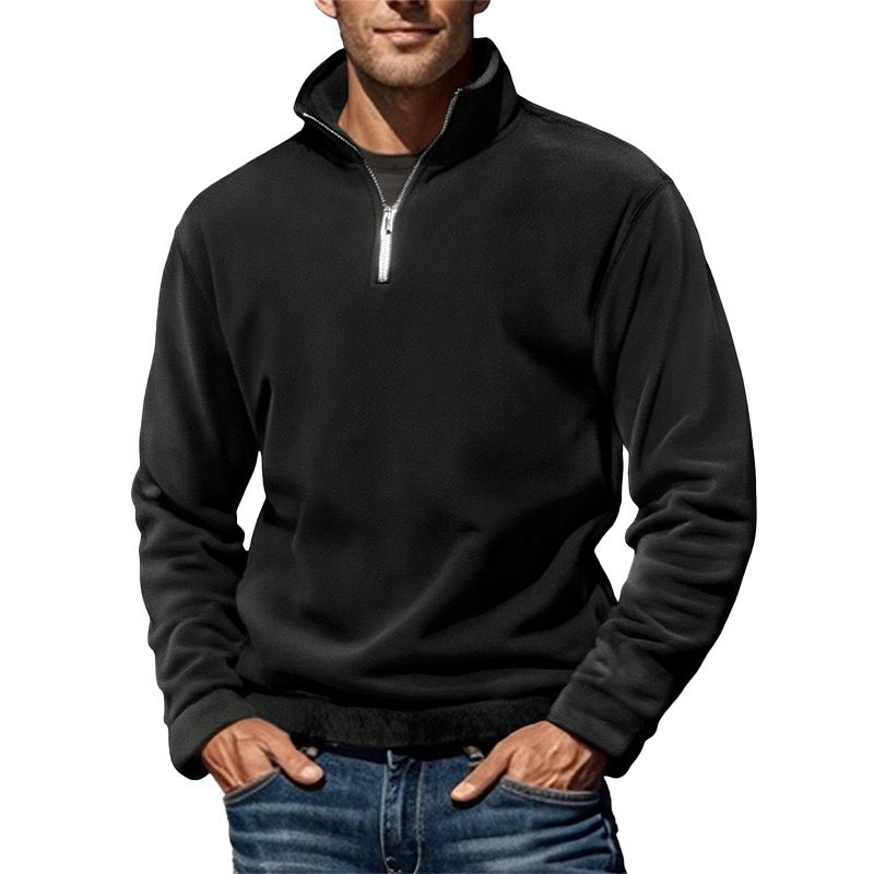 Autumn And Winter Men's Polar Fleece Top Solid Color Simple Casual Stand Collar Pullover Sweater_viptrois.com