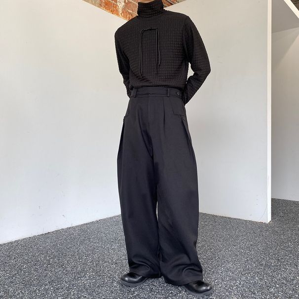 Men's Straight-Leg Pants Winter Casual Trousers Style Loose Fit High Waist Polyester Blend Solid Color_viptrois.com