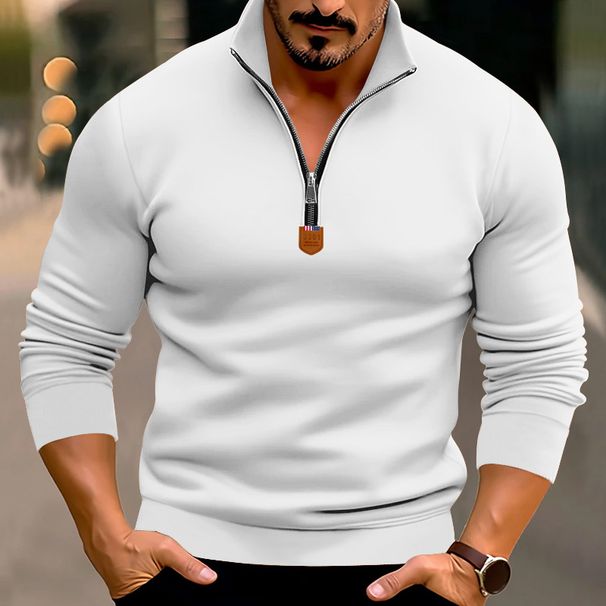 Cross-border Autumn And Winter Men's Casual Velvet Solid Color Long-sleeved European And American Half-zipper Stand-up Neck Sweater Top Men_viptrois.com