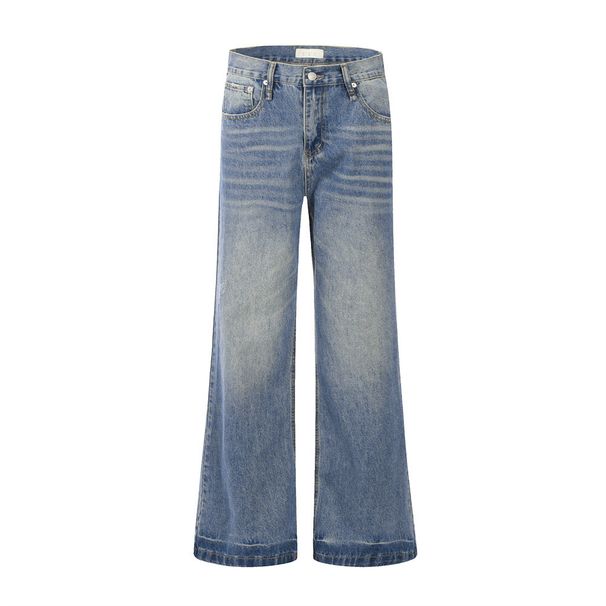 American Slightly Flared Jeans Men's Trendy Brand Street Fashion Casual Loose Vibe Style Washed Water-Faded White_viptrois.com