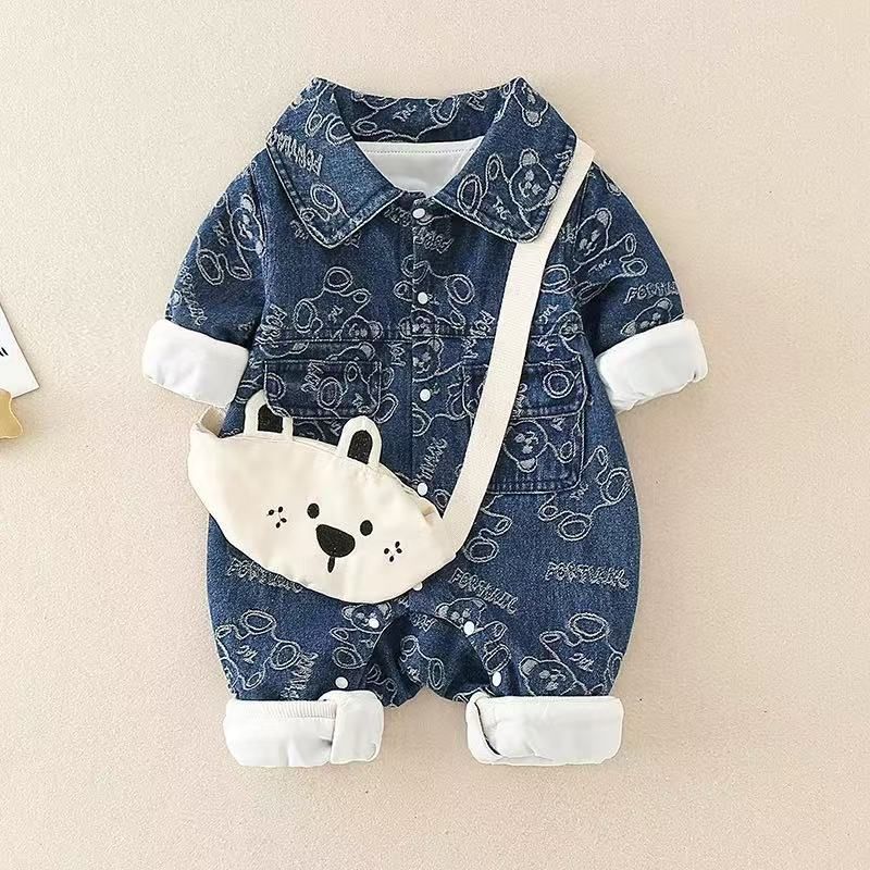 Baby Jumpsuits Boys And Girls, Autumn Outing Clothes, Denim, Super Cute Baby Clothes, Internet Celebrity Jumpsuits With Shoulder Bag_viptrois.com