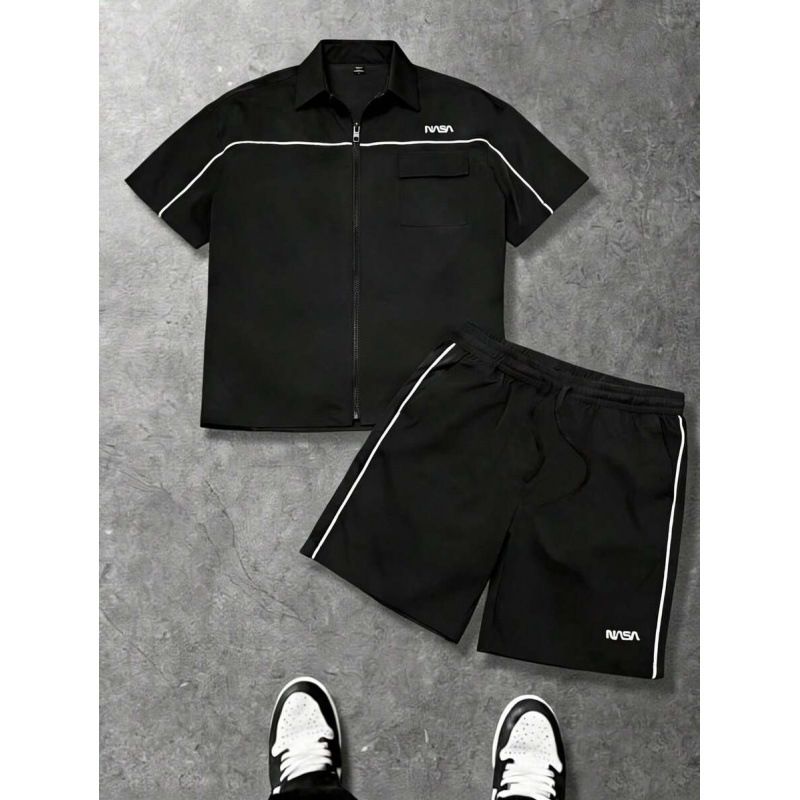 Men's Y2K American Street Style Striped Zip Up Quick Drying Short Sleeve Shirt Set Casual Two Piece_viptrois.com