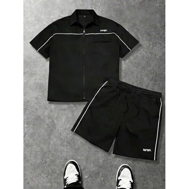 Men's Y2K American Street Style Striped Zip Up Quick Drying Short Sleeve Shirt Set Casual Two Piece_viptrois.com