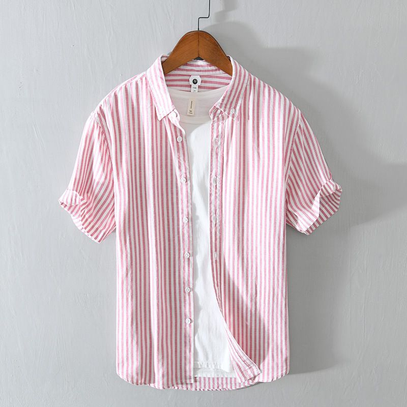 Men's Clothing Summer New Men's Short Sleeved Shirt Tops Loose Cotton Coat Casual Youth Striped Shirt_viptrois.com