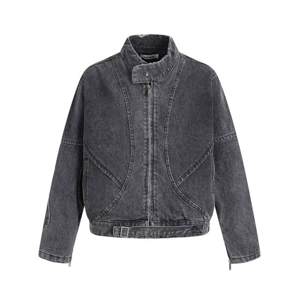 Jiayiku Trendy Brand 2025 Spring And Autumn New American Washed Water Design Denim Jacket Motorcycle Coat_viptrois.com