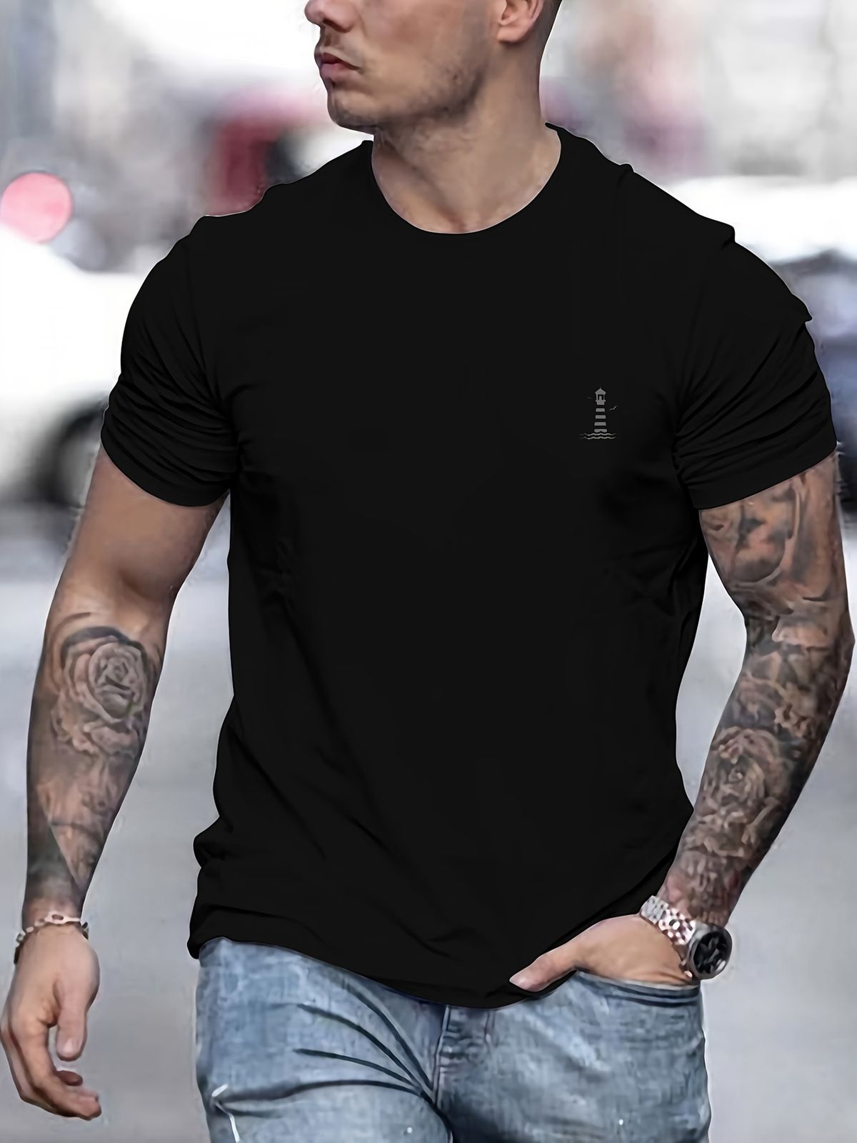 Maglietta Uomo 180g Cotone Puro Girocollo Stampa Faro Morbida Traspirante Top Estivo Taglio Regolare Stile Casual Quotidiano_viptrois.com