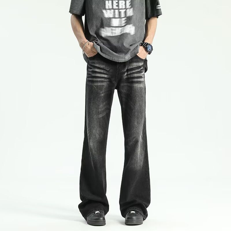 Men's Clothing High Street Vibe Style Black And Gray Retro Washed Cat Whisker Flared Jeans Men's Loose Straight Slim Pants_viptrois.com
