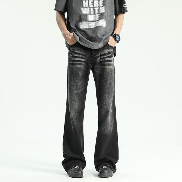 Men's Clothing High Street Vibe Style Black And Gray Retro Washed Cat Whisker Flared Jeans Men's Loose Straight Slim Pants_viptrois.com
