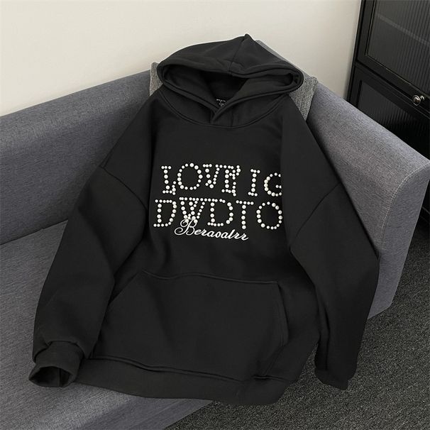 New retro niche design nail bead letter hooded sweatshirt for women, popular loose couple top_viptrois.com