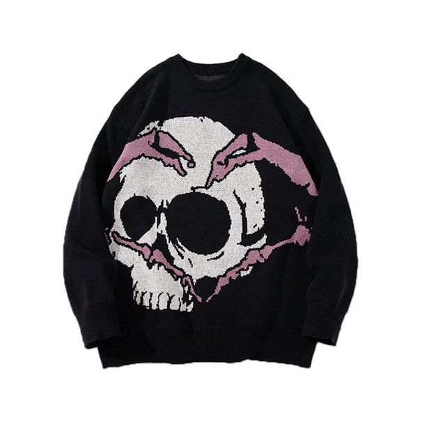 Unisex Gothic Skull Jacquard Sweater Loose Fit Round Neck Long Sleeve Pullover For Men & Women Fashion Trends_viptrois.com