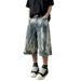 American Washed Flame Patterned Tied Denim Cropped 2025 Straight Loose Over Knee Casual Wide Leg Pants_viptrois.com