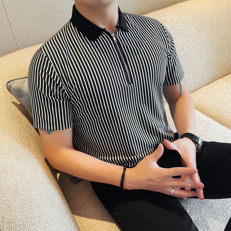 Men's Pinstripe Polo Shirt - Summer Casual Short Sleeve With Lapel & Half Zip Design_viptrois.com