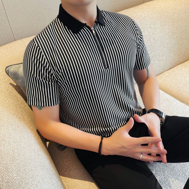 Men's Pinstripe Polo Shirt - Summer Casual Short Sleeve With Lapel & Half Zip Design_viptrois.com