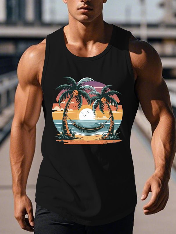 Canotta Uomo Girocollo 100% Cotone Stampa Spiaggia Tonalità Tramonto Traspirante Senza Maniche Vacanze Mare Multicolore_viptrois.com