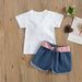 Mother & Kids Foreign trade children's clothing for girls, white fur ball round neck short-sleeved T-shirt, ripped denim shorts, summer girls suit_viptrois.com