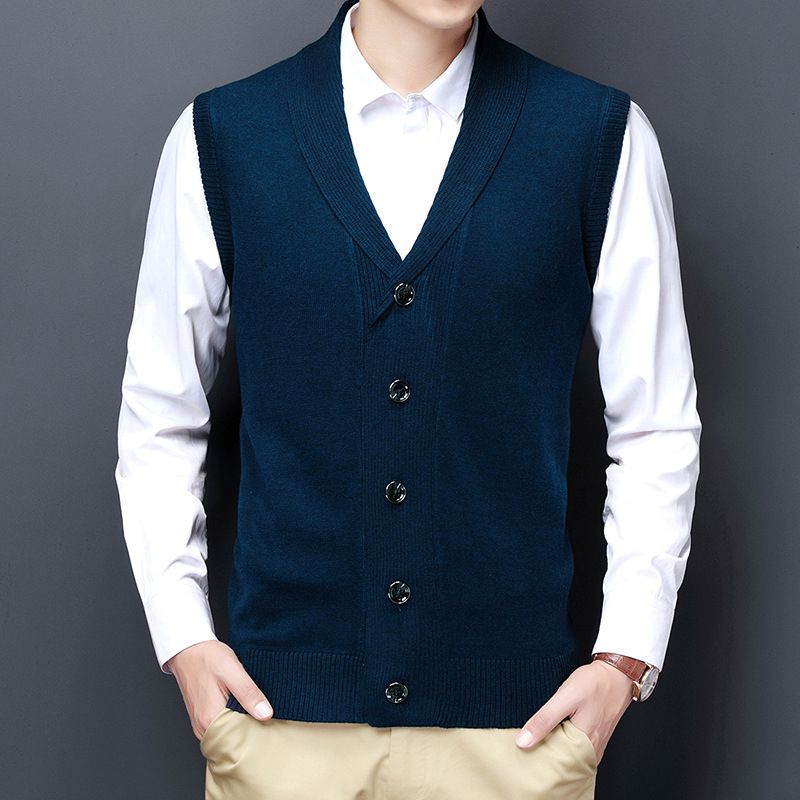 Men's Wool Blend V-Neck Sleeveless Vest Knit Cardigan - Stylish Casual Layering Piece For Autumn (Blue, Grey, Red, Black, Dark Grey) Sizes M _viptrois.com