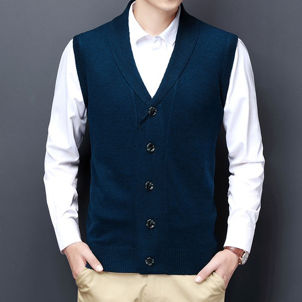 Men's Wool Blend V-Neck Sleeveless Vest Knit Cardigan - Stylish Casual Layering Piece For Autumn (Blue, Grey, Red, Black, Dark Grey) Sizes M _viptrois.com