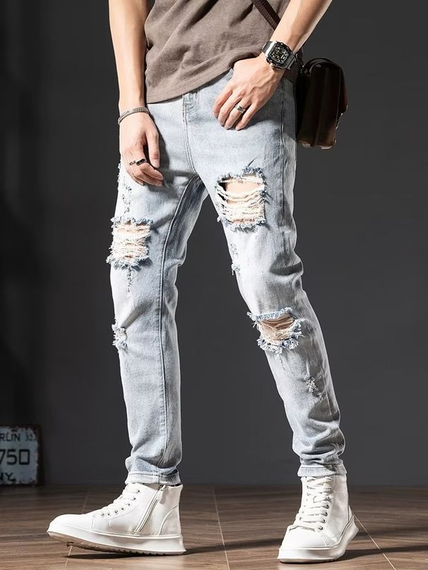 Beggar Big Hole Jeans Men's Summer Korean Style Trendy Slim Fit Skinny Motorcycle Light Blue Cropped Pants_viptrois.com