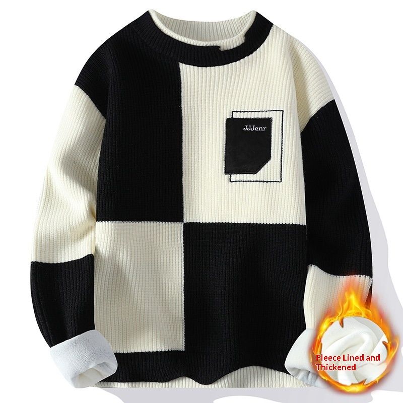 Pure Foreign Trade Winter New Pullover Round Neck Color Block Long Sleeve Fleece Lined Thickened Sweater Trendy Men's Warm_viptrois.com