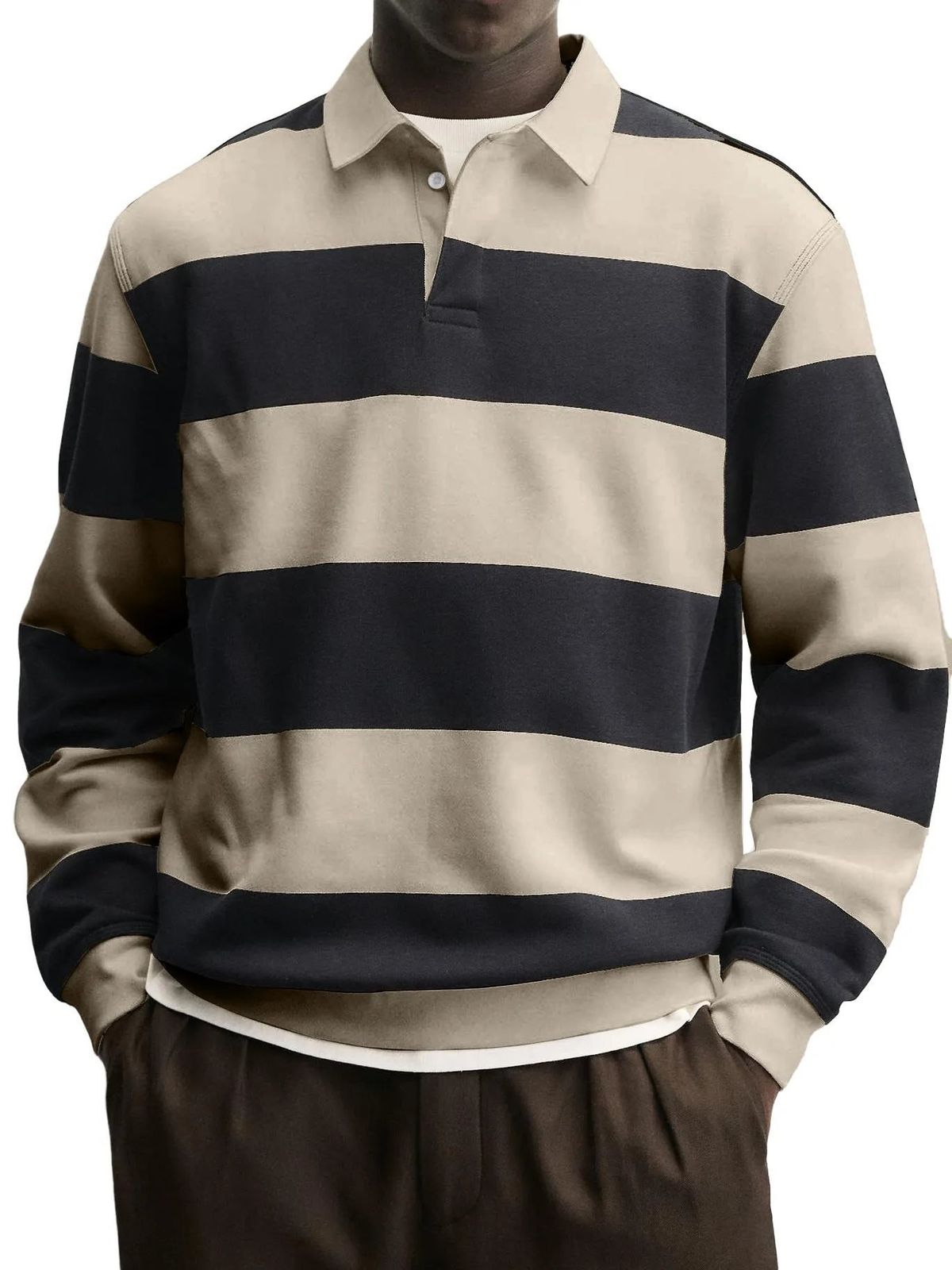 Men's Clothing Long Sleeve Striped T Shirt Men's Long Sleeve Striped T-Shirt – Relaxed Fit Button-Up Collar (Breathable Polyester, 8 Colors)_viptrois.com