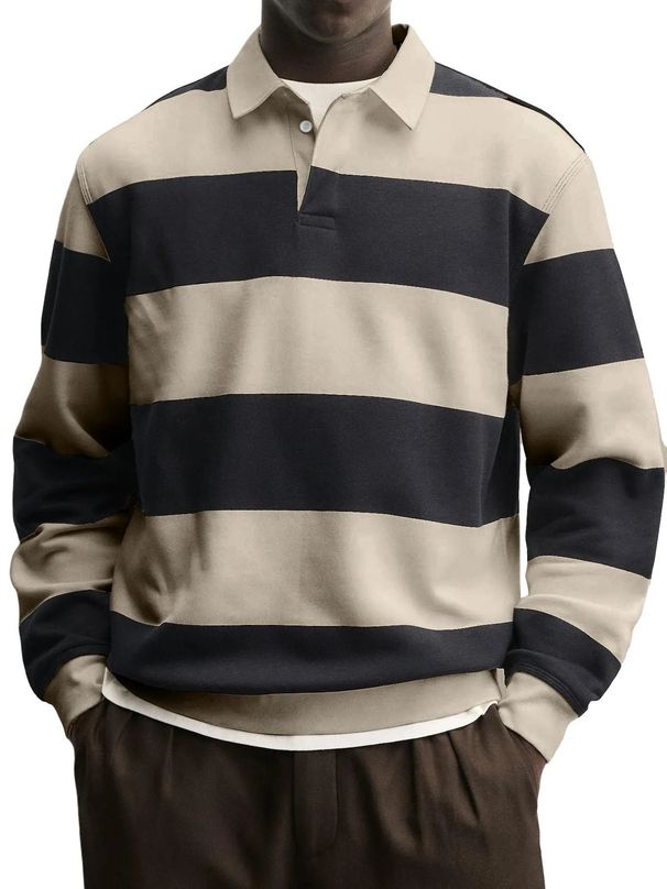 Men's Clothing Long Sleeve Striped T Shirt Men's Long Sleeve Striped T-Shirt – Relaxed Fit Button-Up Collar (Breathable Polyester, 8 Colors)_viptrois.com