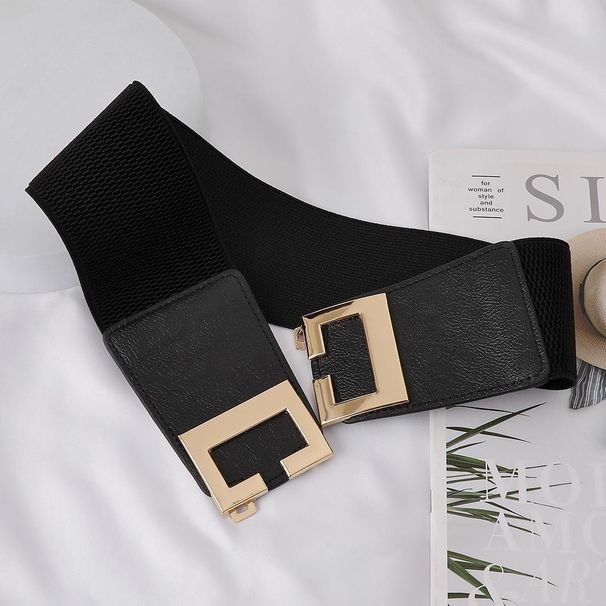 Fashion Simple Women's Waist Elastic Stretch Waistband Versatile Symmetrical Gold Buckle Decorative Wide Belt_viptrois.com